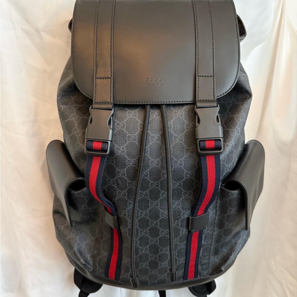 Gucci Gray Backpack with Red Accents